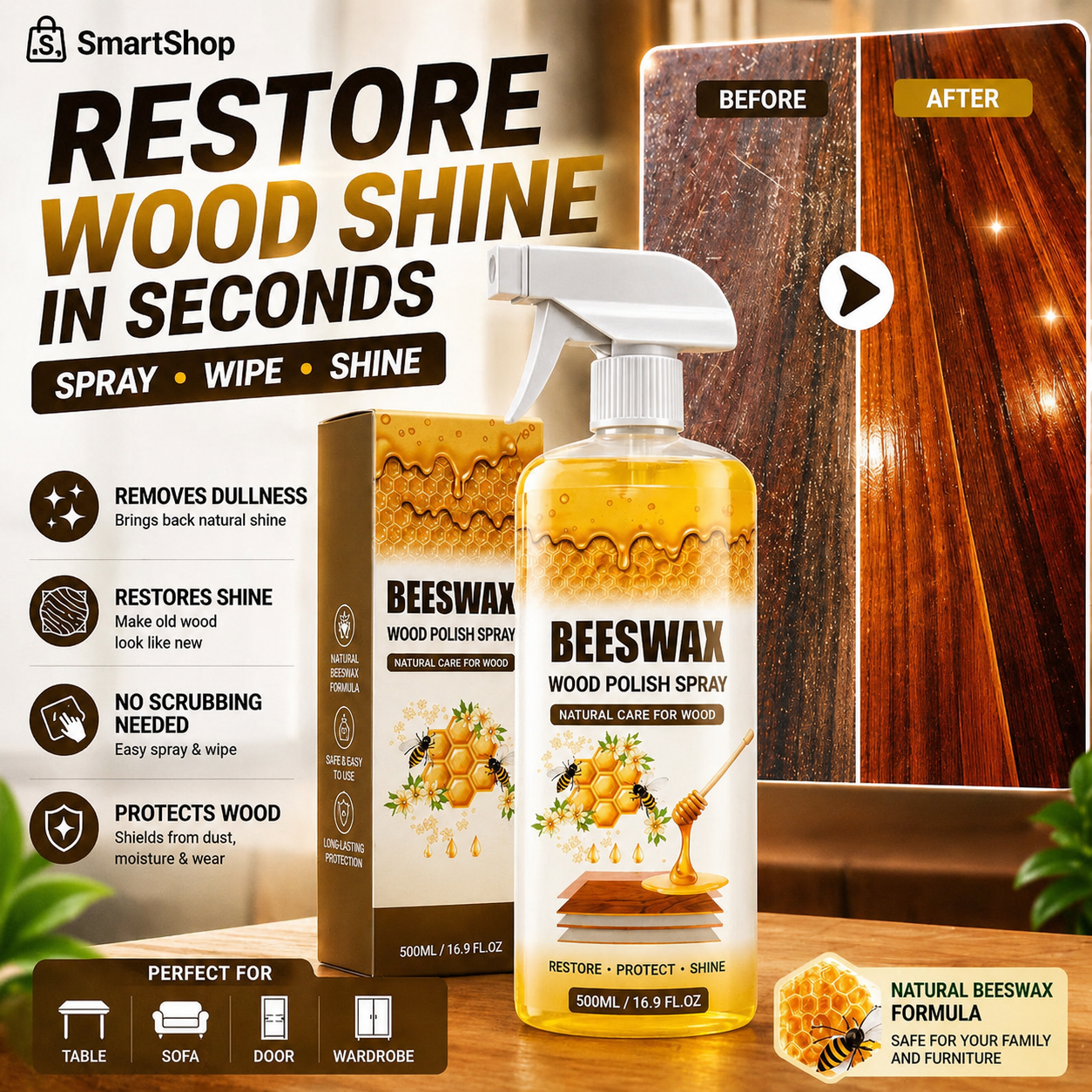 Beeswax Wood Polish Spray | Restore Shine , Protect Furniture